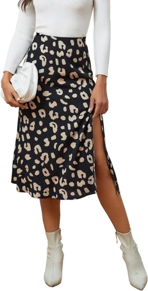 LYANER Women's Casual Boho Printed High Waist Side Split Hem Zipper Midi Skirt