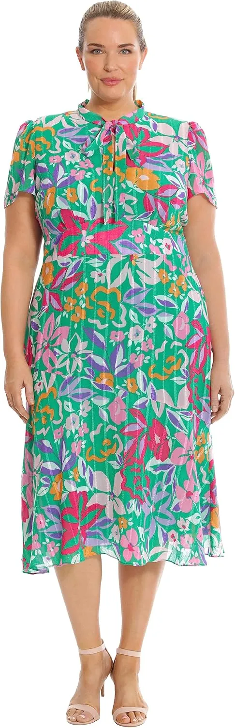 Maggy London Women's Floral Printed Neck Tie Short Sleeve Midi Dress