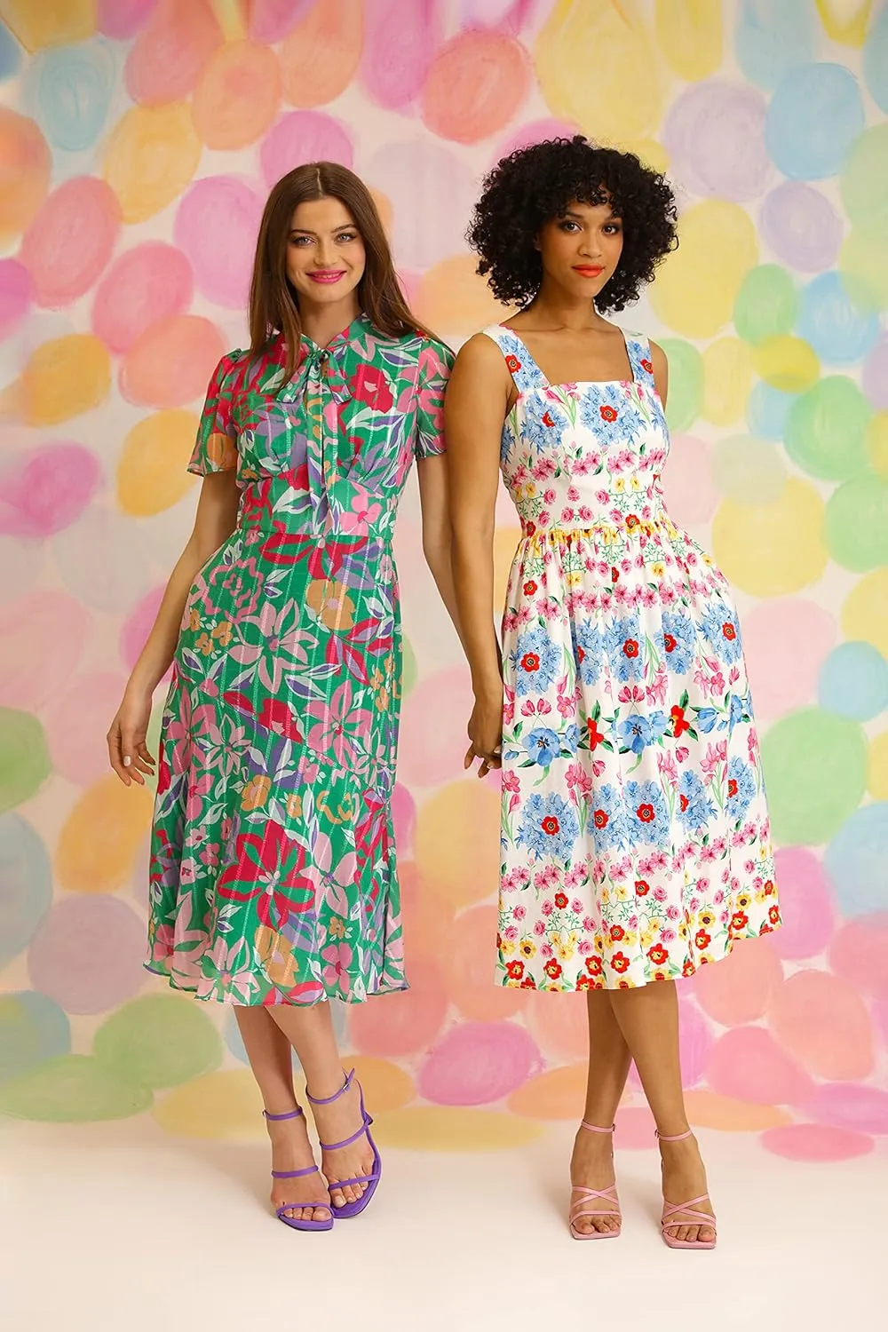 Maggy London Women's Floral Printed Neck Tie Short Sleeve Midi Dress