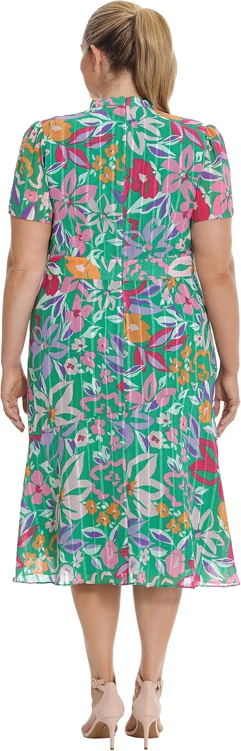Maggy London Women's Floral Printed Neck Tie Short Sleeve Midi Dress
