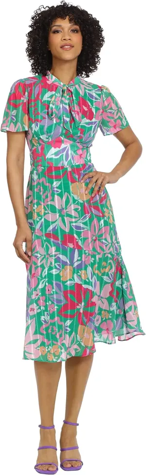 Maggy London Women's Floral Printed Neck Tie Short Sleeve Midi Dress