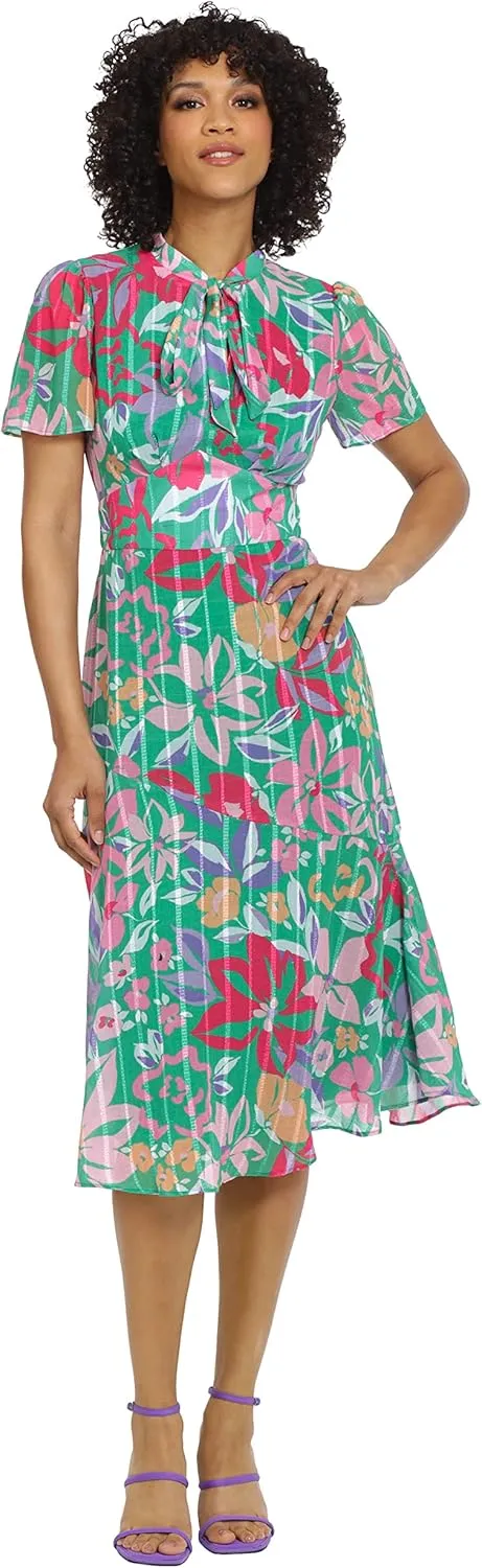 Maggy London Women's Floral Printed Neck Tie Short Sleeve Midi Dress