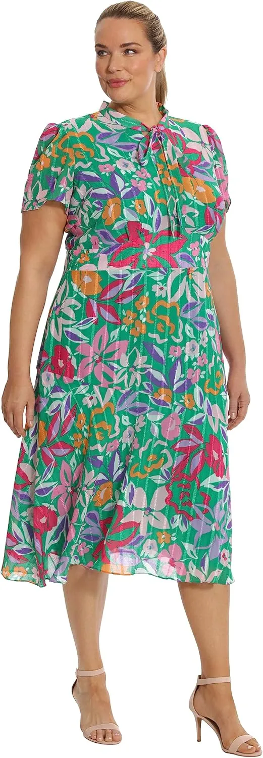 Maggy London Women's Floral Printed Neck Tie Short Sleeve Midi Dress