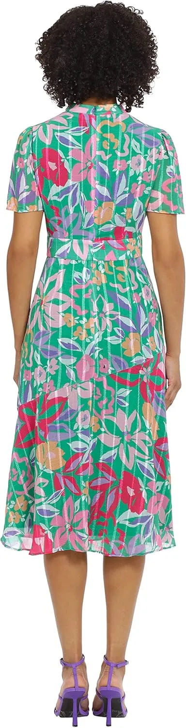 Maggy London Women's Floral Printed Neck Tie Short Sleeve Midi Dress