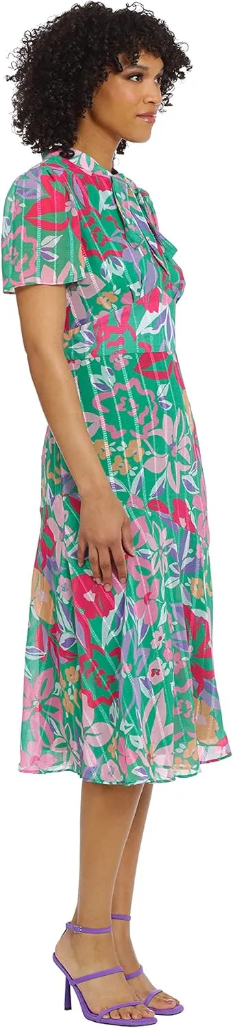 Maggy London Women's Floral Printed Neck Tie Short Sleeve Midi Dress