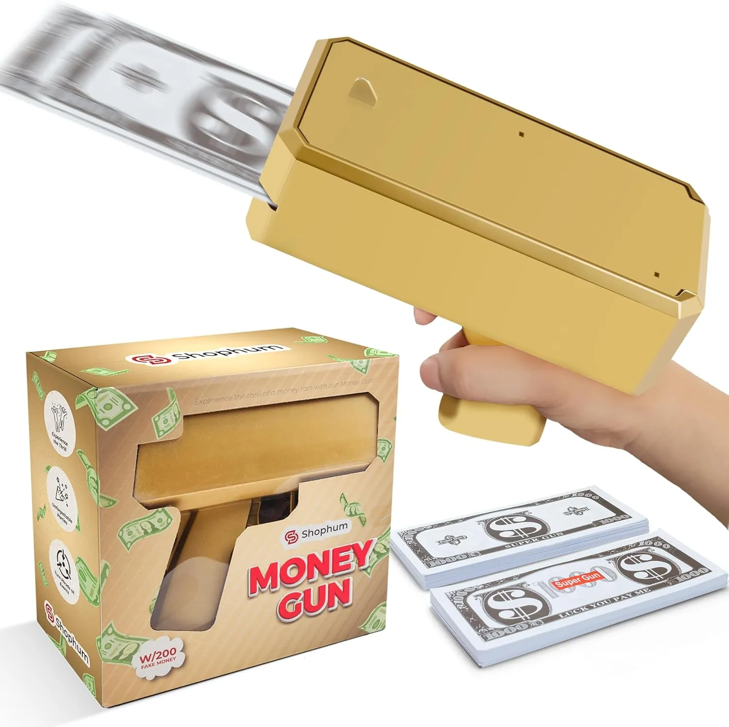 Make it Rain Money Gun Shooter,Handheld Money Gun for Cash Battery Operated Faux Money Blower for Parties Movies Game Nights (Gold)