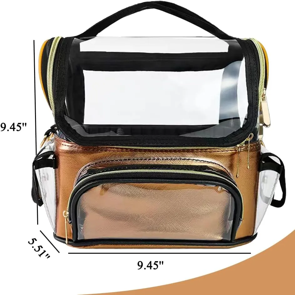 Makeup Brush Case, Clear Makeup Bag with Adjustable Dividers, Makeup Brush Holder with Shoulder Strap, Professional Makeup Artist Travel Case, Gold