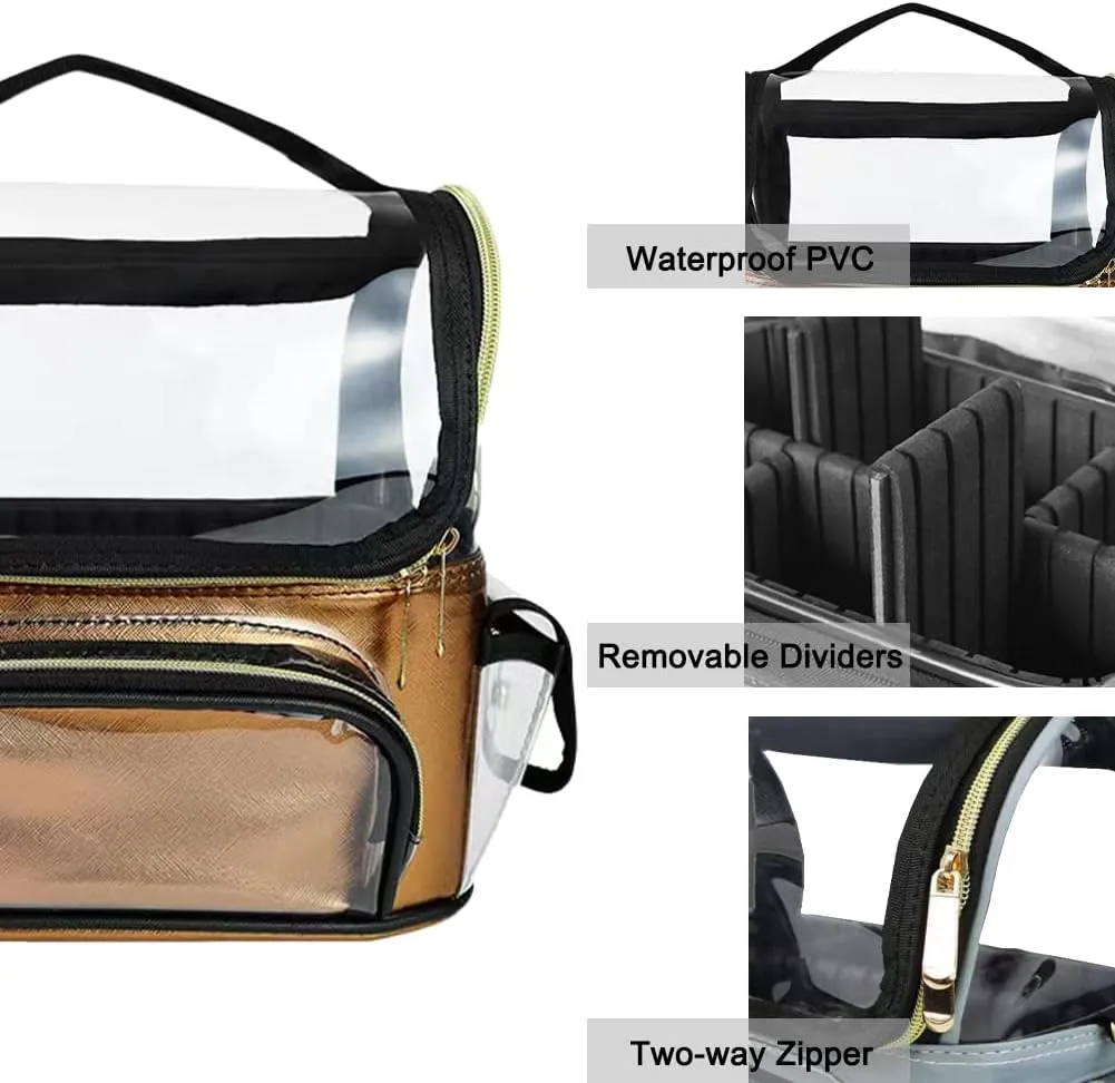 Makeup Brush Case, Clear Makeup Bag with Adjustable Dividers, Makeup Brush Holder with Shoulder Strap, Professional Makeup Artist Travel Case, Gold