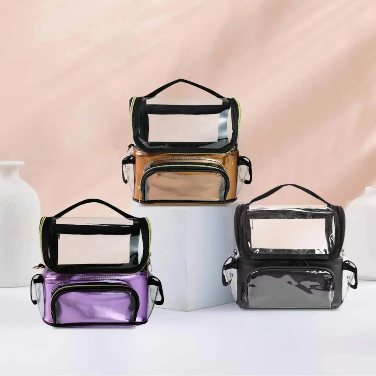 Makeup Brush Case, Clear Makeup Bag with Adjustable Dividers, Makeup Brush Holder with Shoulder Strap, Professional Makeup Artist Travel Case, Gold