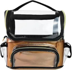 Makeup Brush Case, Clear Makeup Bag with Adjustable Dividers, Makeup Brush Holder with Shoulder Strap, Professional Makeup Artist Travel Case, Gold