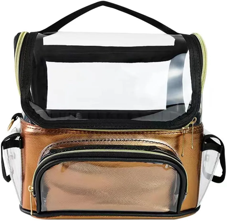 Makeup Brush Case, Clear Makeup Bag with Adjustable Dividers, Makeup Brush Holder with Shoulder Strap, Professional Makeup Artist Travel Case, Gold