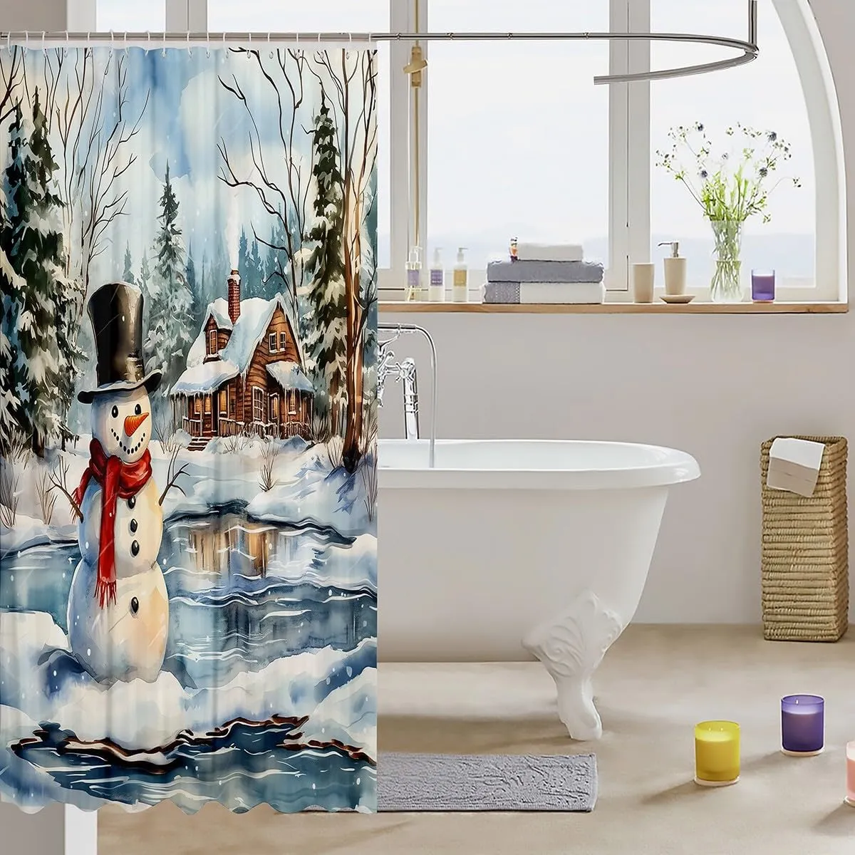 Manfei Kawaii Snowman Fabric Shower Curtain,Rustic Lake House Snowy Cabin Jungle Pine Trees Shower Curtain for Bathroom,Winter Christmas Theme Xmas Gifts Waterproof Shower Curtain,72 Inch Long