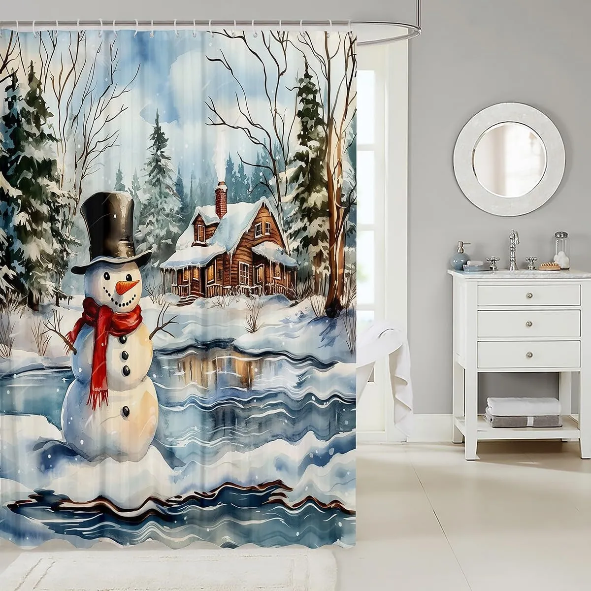 Manfei Kawaii Snowman Fabric Shower Curtain,Rustic Lake House Snowy Cabin Jungle Pine Trees Shower Curtain for Bathroom,Winter Christmas Theme Xmas Gifts Waterproof Shower Curtain,72 Inch Long