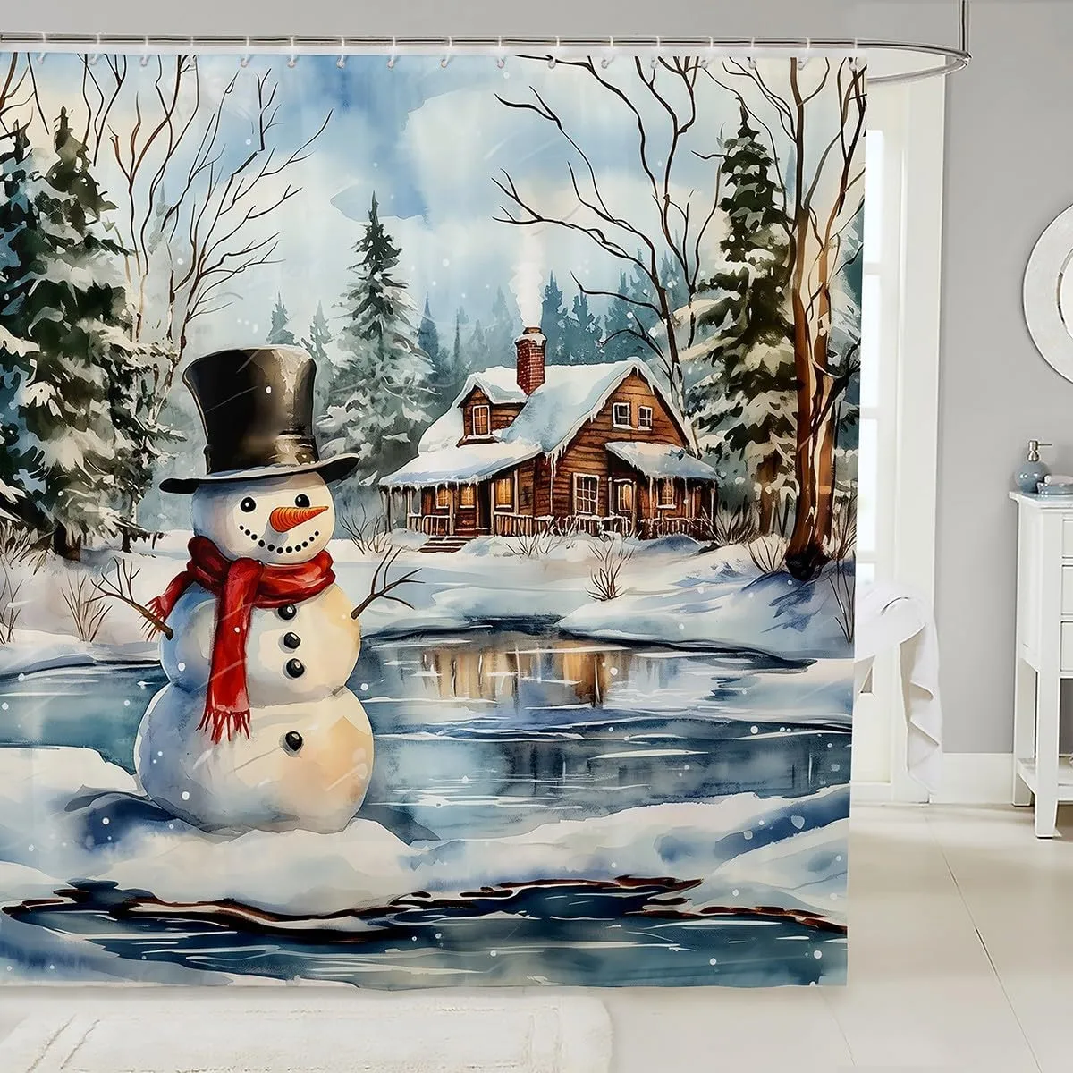 Manfei Kawaii Snowman Fabric Shower Curtain,Rustic Lake House Snowy Cabin Jungle Pine Trees Shower Curtain for Bathroom,Winter Christmas Theme Xmas Gifts Waterproof Shower Curtain,72 Inch Long