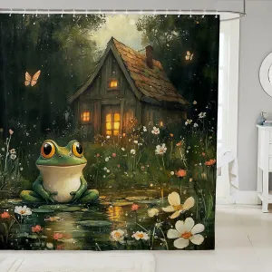 Manfei Lodge Frog Shower Curtain with Hooks,Rustic Cabin Jungle Wild Animal Starry Bath Curtain,Nature Daisy Flowers Lake Lotus Leaves Bathroom Accessories Waterproof Panel,72x 84 Inches