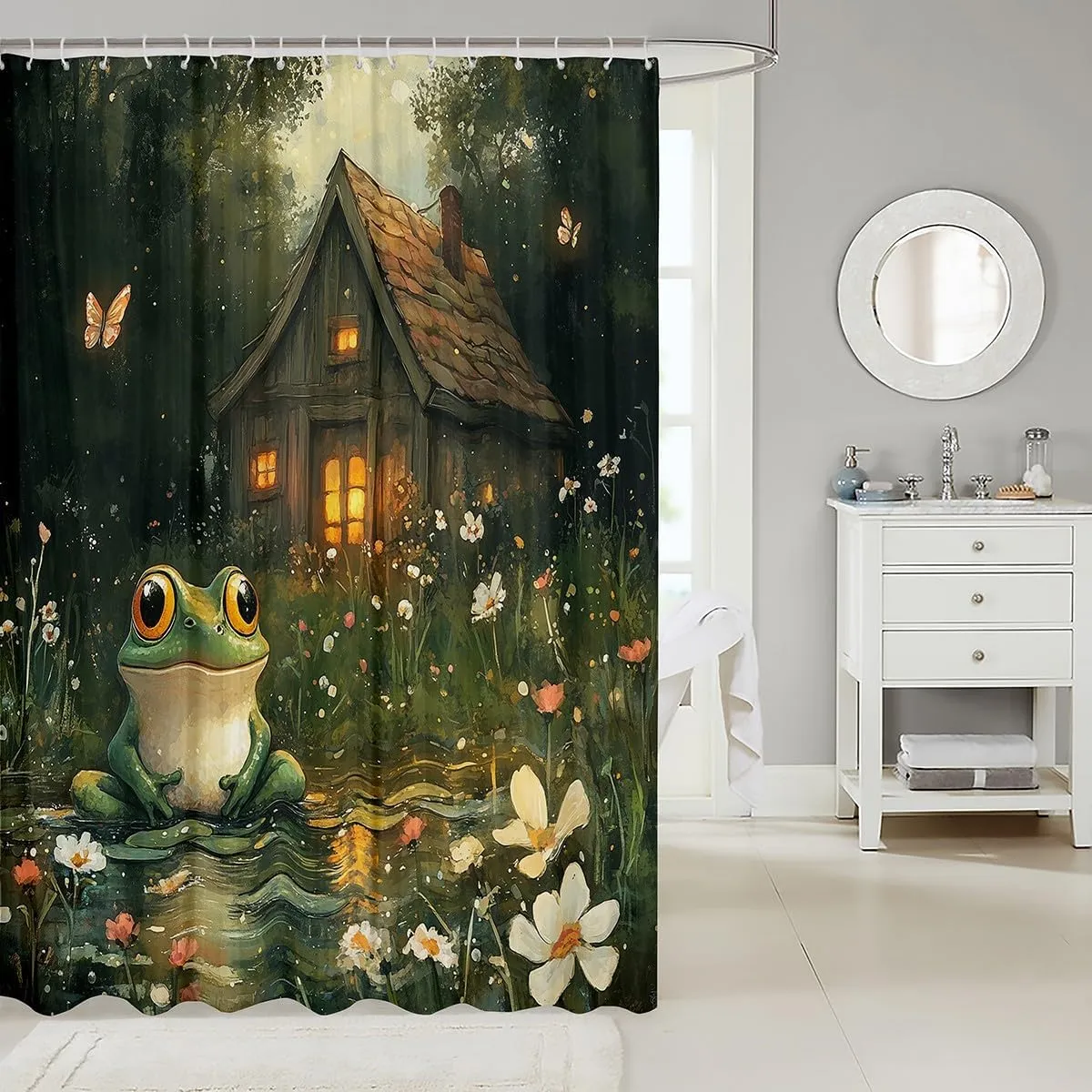 Manfei Lodge Frog Shower Curtain with Hooks,Rustic Cabin Jungle Wild Animal Starry Bath Curtain,Nature Daisy Flowers Lake Lotus Leaves Bathroom Accessories Waterproof Panel,72x 84 Inches