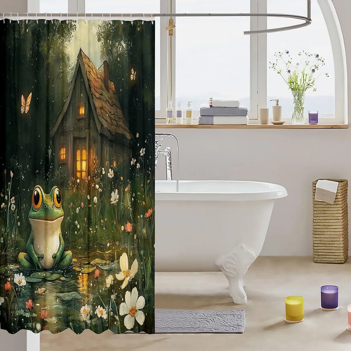 Manfei Lodge Frog Shower Curtain with Hooks,Rustic Cabin Jungle Wild Animal Starry Bath Curtain,Nature Daisy Flowers Lake Lotus Leaves Bathroom Accessories Waterproof Panel,72x 84 Inches