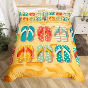 Manfei Summer Duvet Cover Set Queen Size,Hawaiian Beach Pool Slippers Comforter Cover 3pcs,Boys Girls Tropical Room Decor,2 Pillowcases(No Comforter),Watercolor Cartoon Bedding Quilt Cover