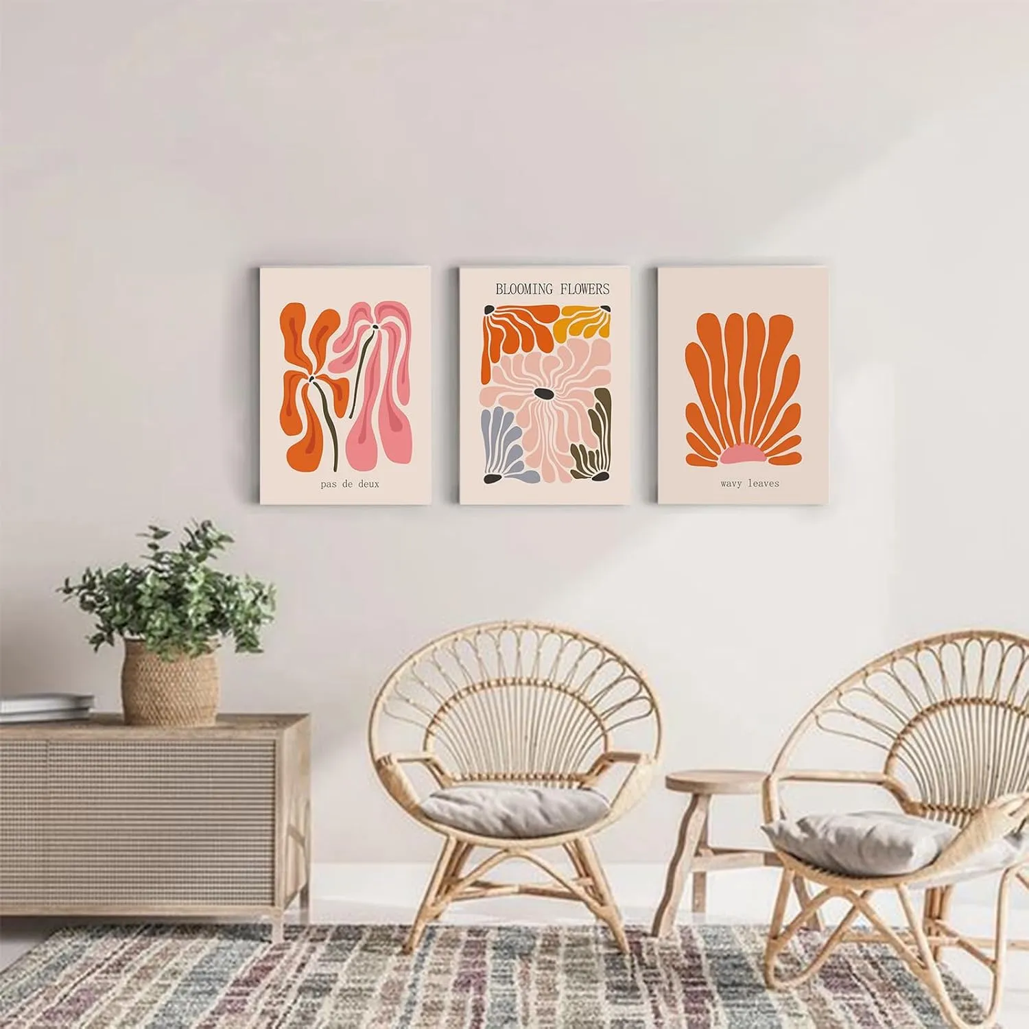Matisse Wall Art Set of 3,Matisse Flower Market Wall Art Prints Henry Matisse Wall Art,Orange Beige Abstract Framed Canvas Wall Art Minimalist Botanical Art,Mid Century Modern Wall Decor Living Room Bathroom,12"x16"