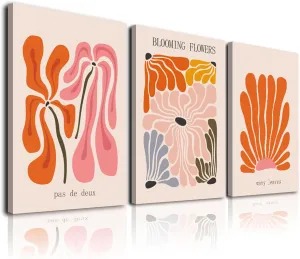Matisse Wall Art Set of 3,Matisse Flower Market Wall Art Prints Henry Matisse Wall Art,Orange Beige Abstract Framed Canvas Wall Art Minimalist Botanical Art,Mid Century Modern Wall Decor Living Room Bathroom,12"x16"