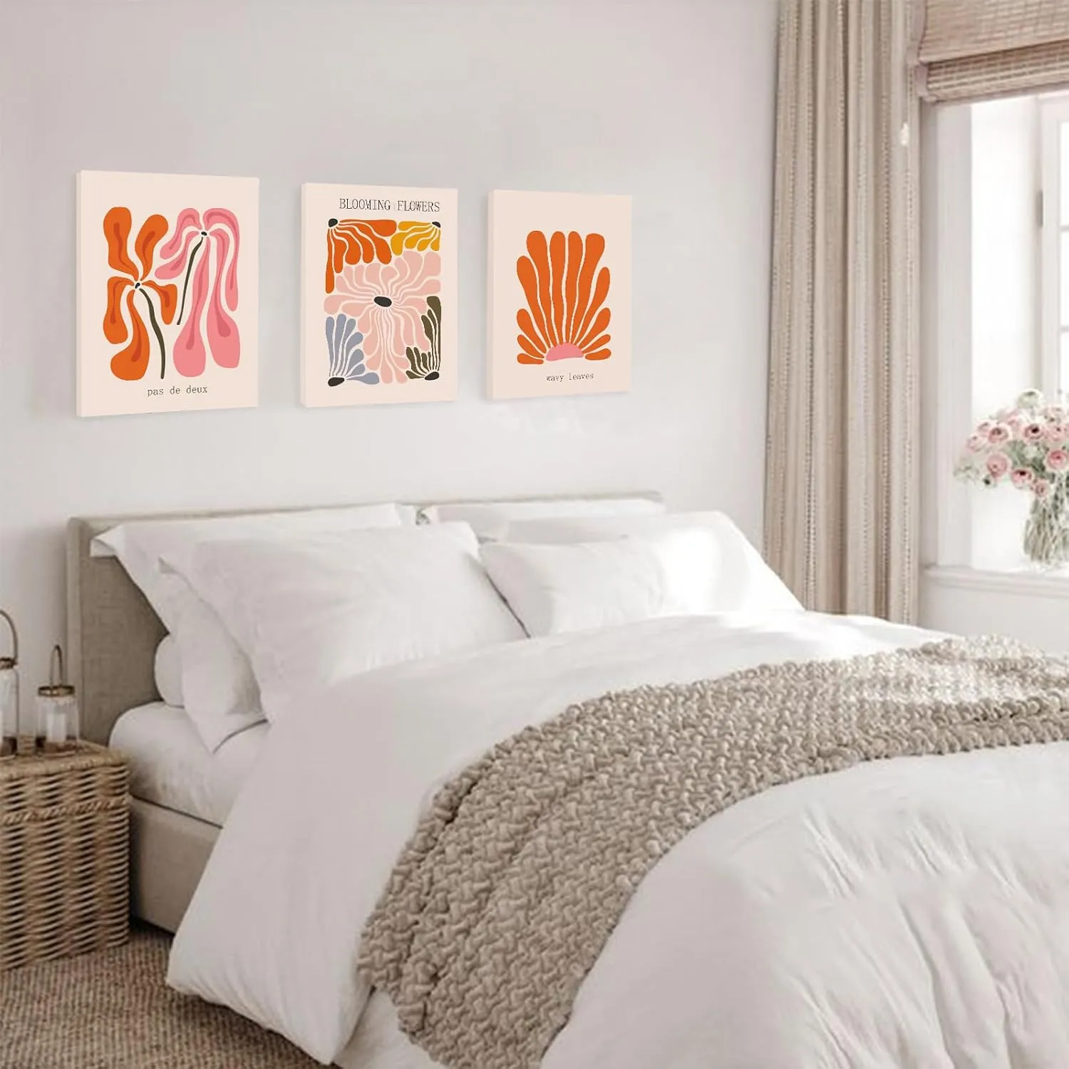 Matisse Wall Art Set of 3,Matisse Flower Market Wall Art Prints Henry Matisse Wall Art,Orange Beige Abstract Framed Canvas Wall Art Minimalist Botanical Art,Mid Century Modern Wall Decor Living Room Bathroom,12"x16"