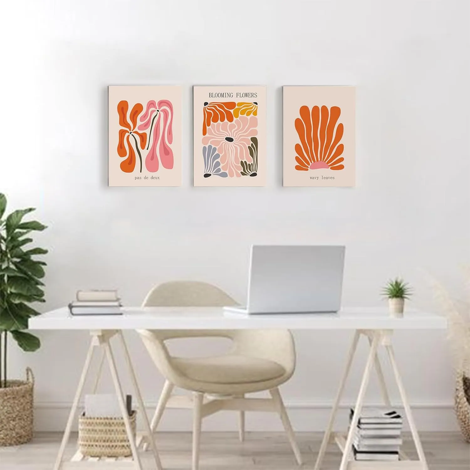 Matisse Wall Art Set of 3,Matisse Flower Market Wall Art Prints Henry Matisse Wall Art,Orange Beige Abstract Framed Canvas Wall Art Minimalist Botanical Art,Mid Century Modern Wall Decor Living Room Bathroom,12"x16"