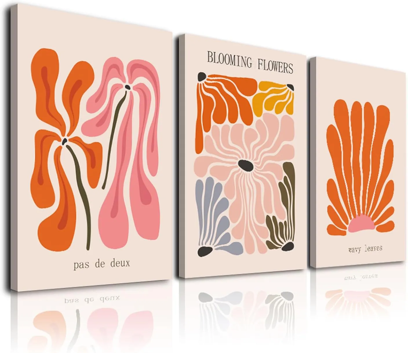 Matisse Wall Art Set of 3,Matisse Flower Market Wall Art Prints Henry Matisse Wall Art,Orange Beige Abstract Framed Canvas Wall Art Minimalist Botanical Art,Mid Century Modern Wall Decor Living Room Bathroom,12"x16"