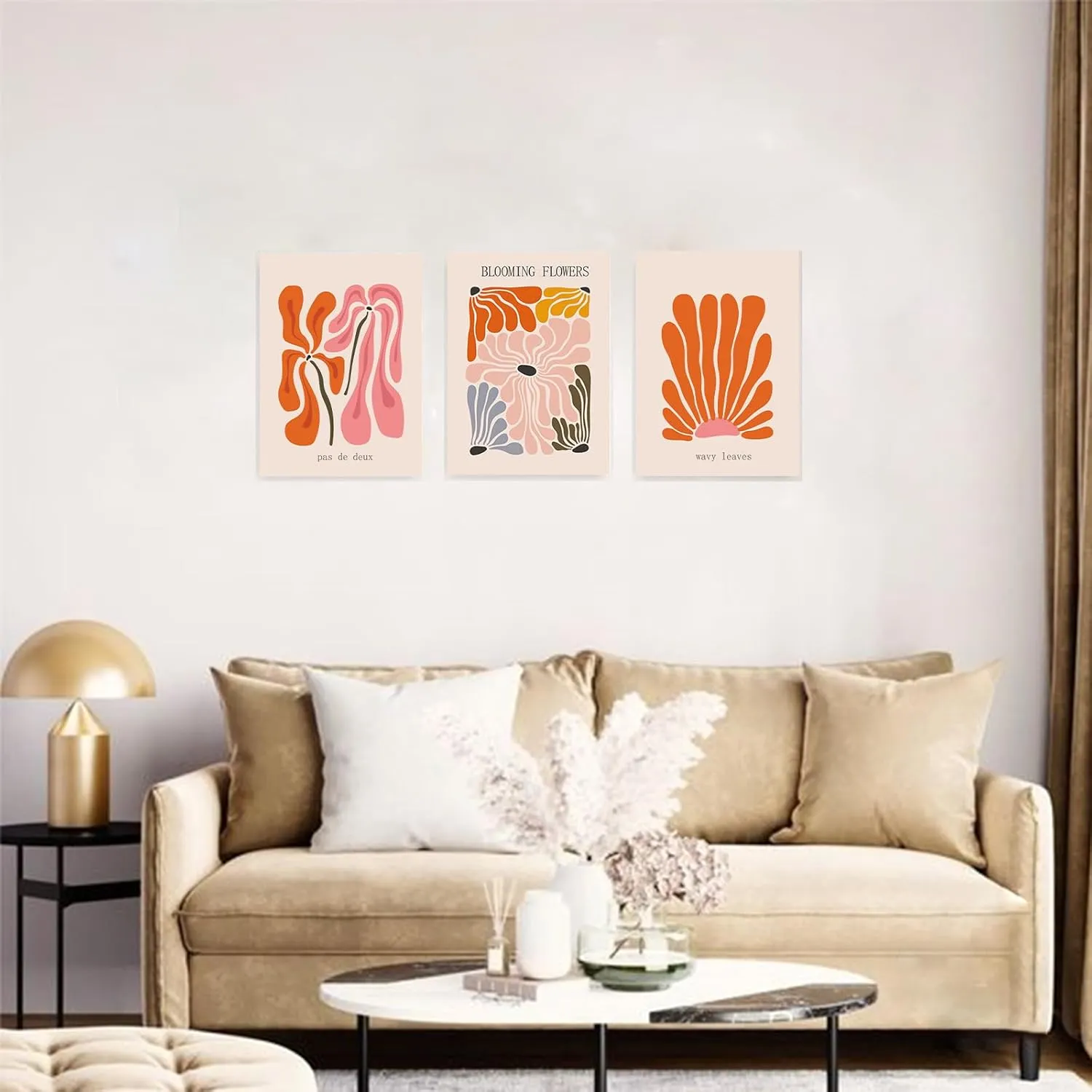 Matisse Wall Art Set of 3,Matisse Flower Market Wall Art Prints Henry Matisse Wall Art,Orange Beige Abstract Framed Canvas Wall Art Minimalist Botanical Art,Mid Century Modern Wall Decor Living Room Bathroom,12"x16"