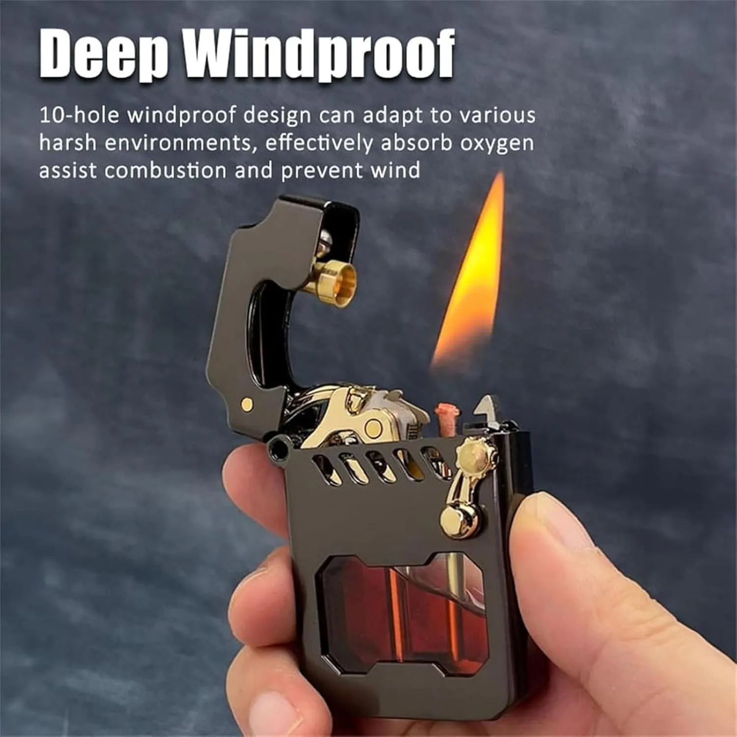 Mecha Metal Rocker Lighter - Retro Transparent Oil Tank Kerosene Windproof Lighter With Rocker Arm (Gold)