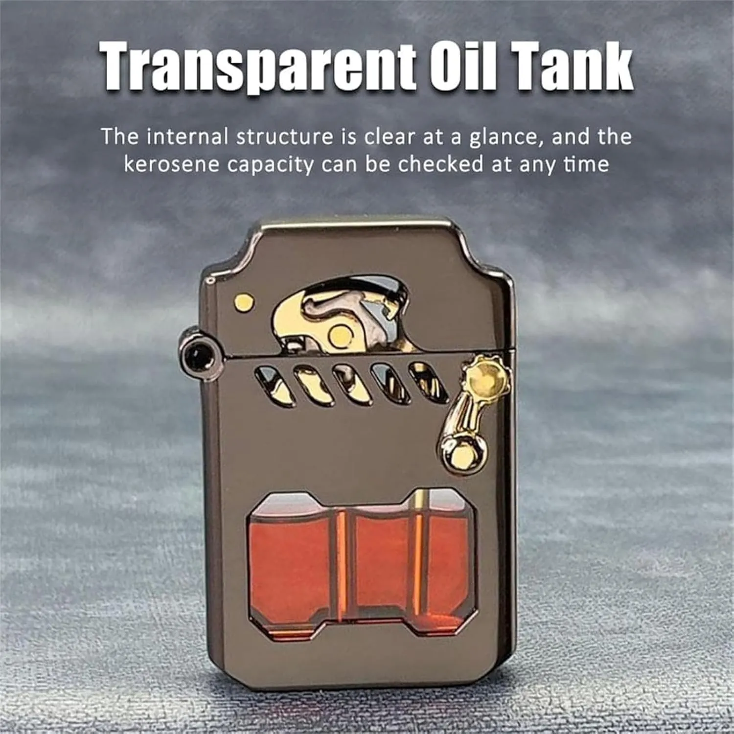 Mecha Metal Rocker Lighter - Retro Transparent Oil Tank Kerosene Windproof Lighter With Rocker Arm (Gold)