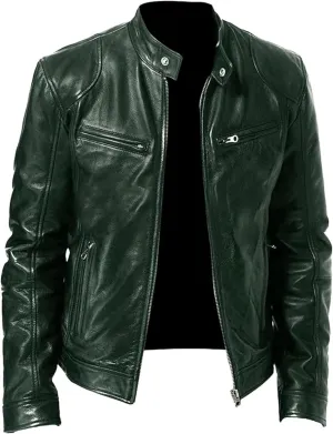 Men Slim Fit Motorcyle Leather Jacket Zip-Up Windbreaker Leather Jackets Lightweight PU Biker Vintage Coat
