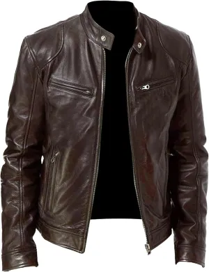 Men Slim Fit Motorcyle Leather Jacket Zip-Up Windbreaker Leather Jackets Lightweight PU Biker Vintage Coat