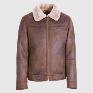 Mens Brown Distressed Real Sheep Skin Leather Aviator Jacket