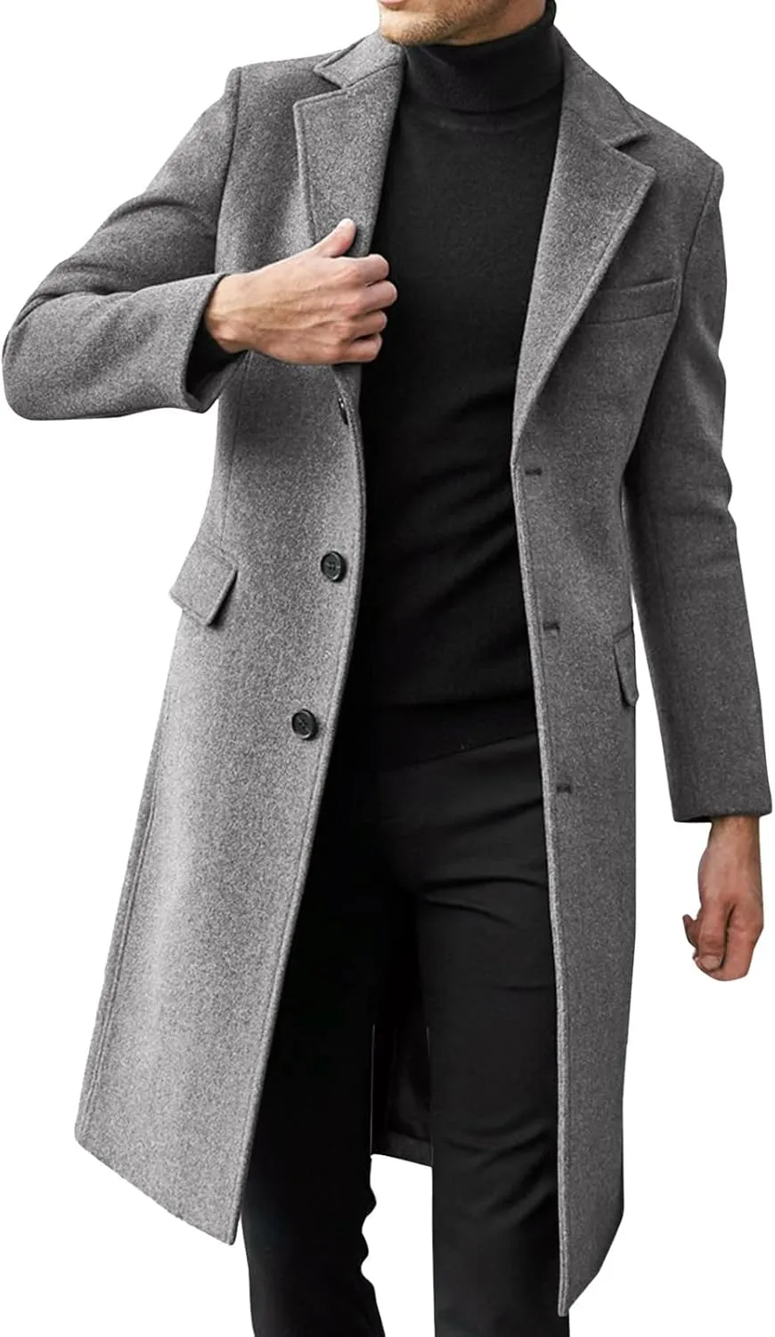 Men's Casual Trench Coat Slim Fit Notched Collar Mid Long Jacket Loose Blend Overcoat Business Warm Winter Coat