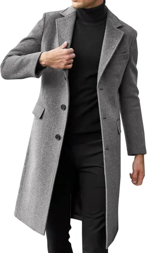 Men's Casual Trench Coat Slim Fit Notched Collar Mid Long Jacket Loose Blend Overcoat Business Warm Winter Coat