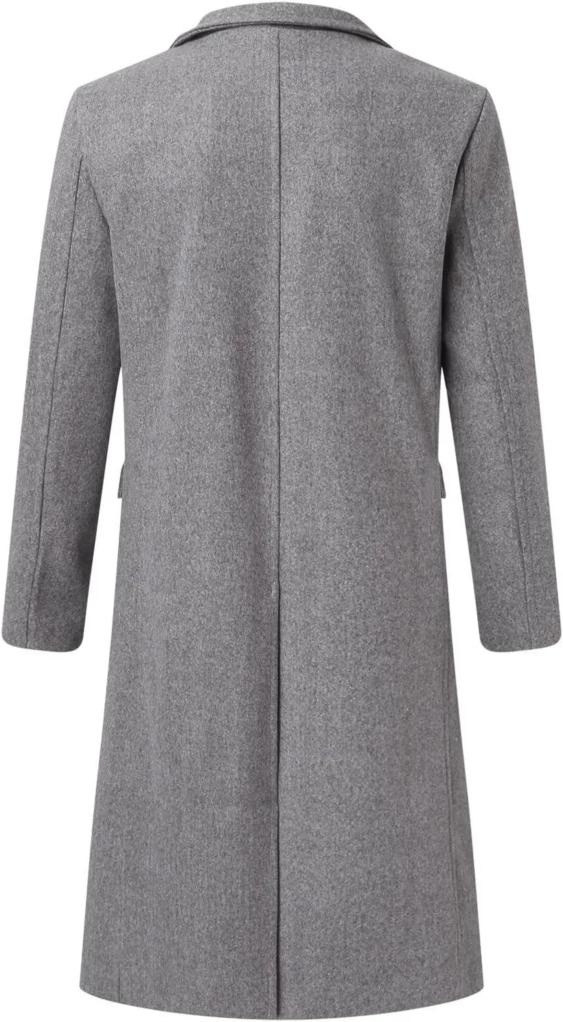 Men's Casual Trench Coat Slim Fit Notched Collar Mid Long Jacket Loose Blend Overcoat Business Warm Winter Coat
