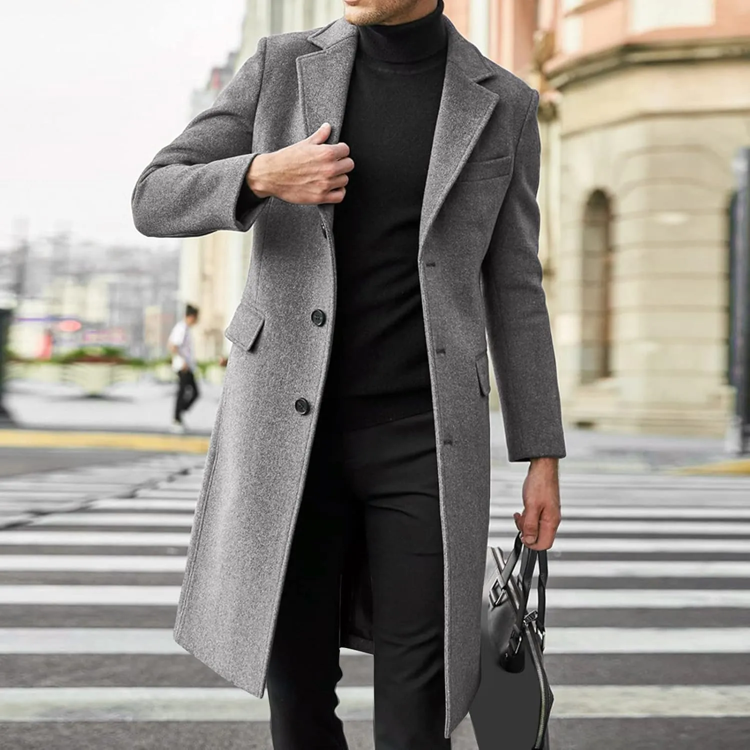 Men's Casual Trench Coat Slim Fit Notched Collar Mid Long Jacket Loose Blend Overcoat Business Warm Winter Coat