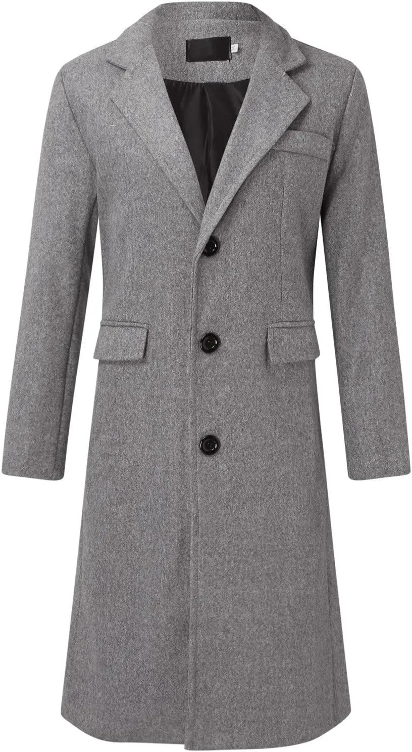 Men's Casual Trench Coat Slim Fit Notched Collar Mid Long Jacket Loose Blend Overcoat Business Warm Winter Coat