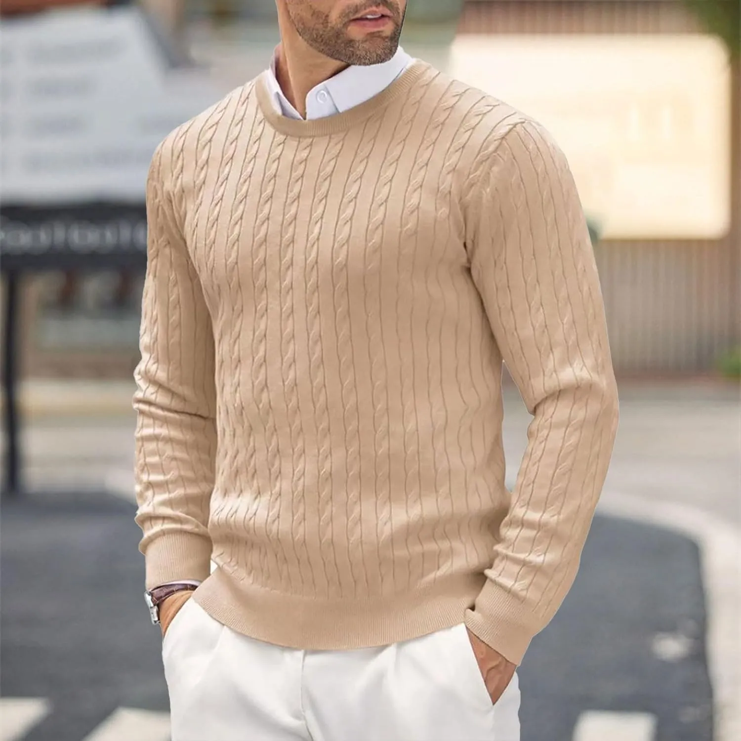 Men's Crewneck Pullover Sweater Plus Size Chunky Warm Cable Knit Jumper Classic Slim Fit Long Sleeve Knitwear Tops