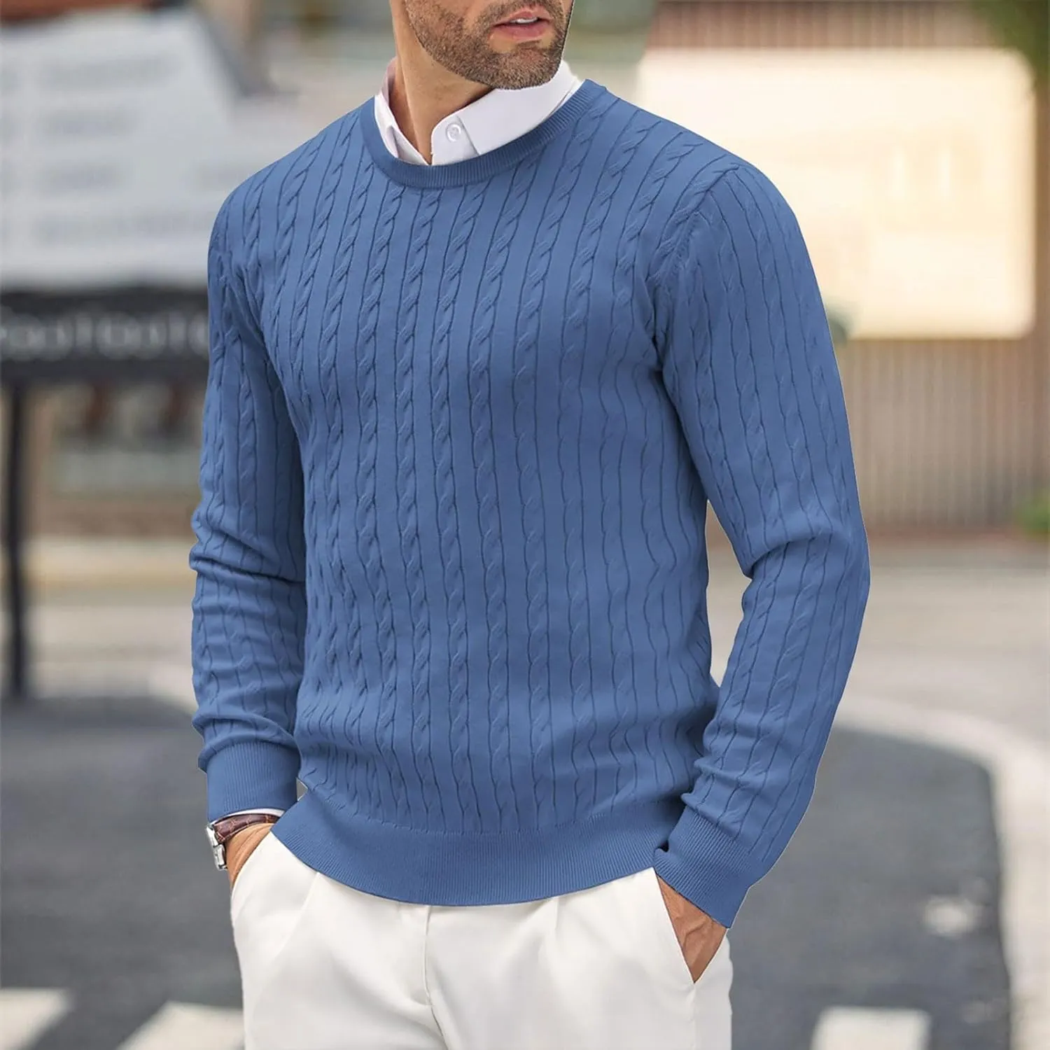 Men's Crewneck Pullover Sweater Plus Size Chunky Warm Cable Knit Jumper Classic Slim Fit Long Sleeve Knitwear Tops