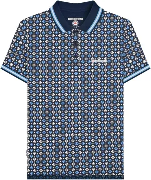 Mens Geometric Print Short Sleeve Polo Shirt, Navy, Large