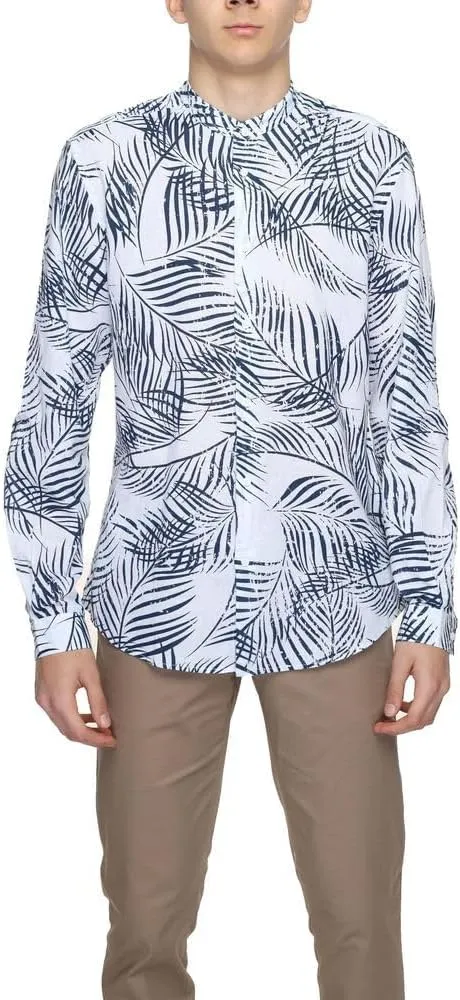 Men's Mao Collar Seoul Slim Fit Printed Linen Shirt