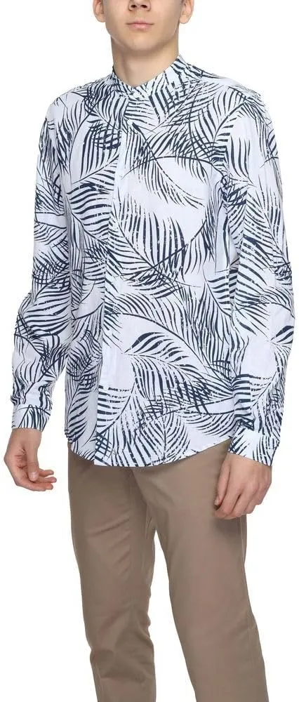 Men's Mao Collar Seoul Slim Fit Printed Linen Shirt
