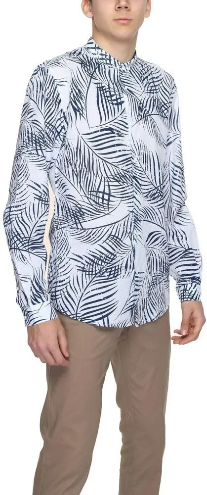 Men's Mao Collar Seoul Slim Fit Printed Linen Shirt