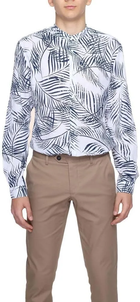 Men's Mao Collar Seoul Slim Fit Printed Linen Shirt