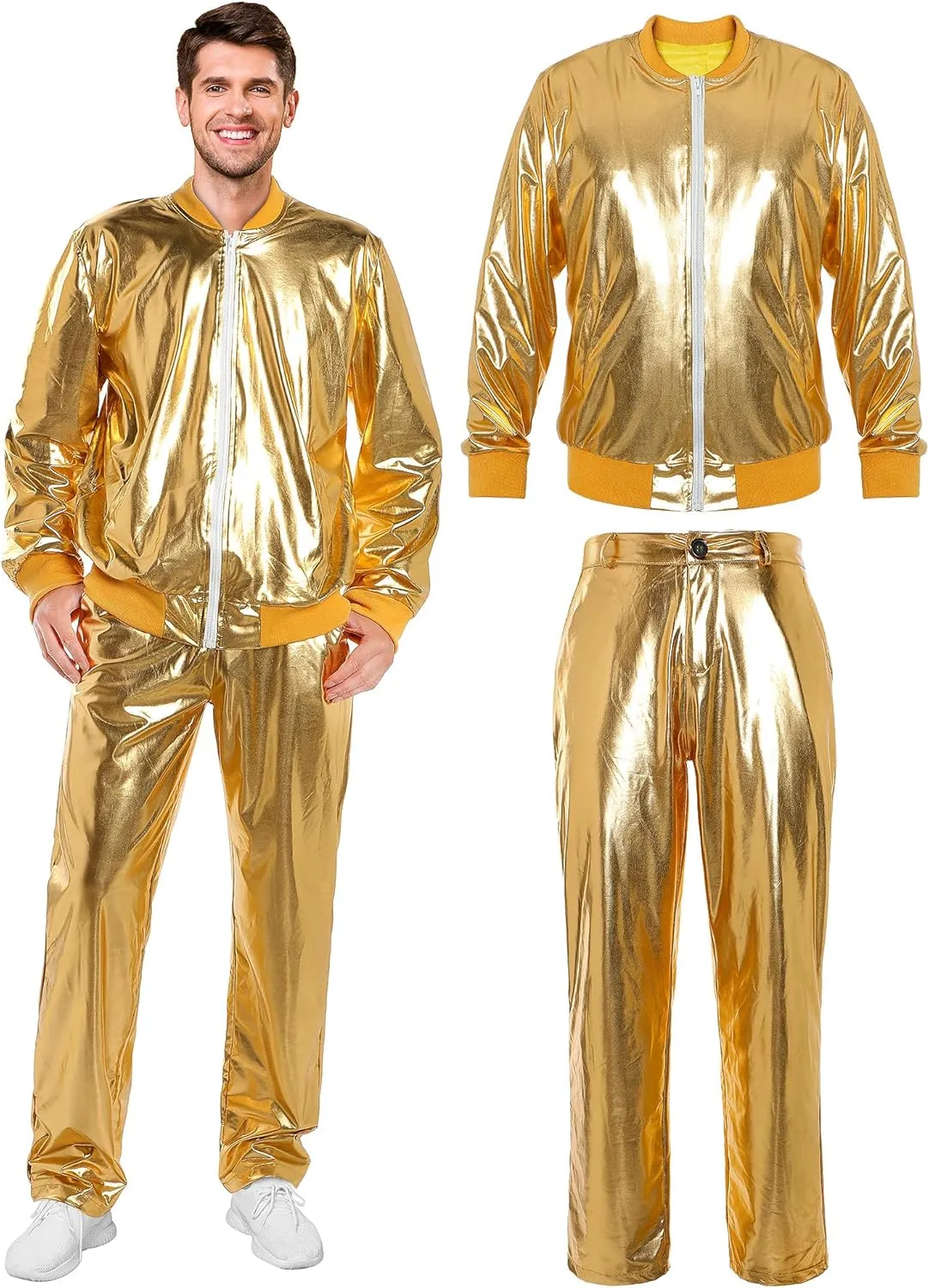 Men's Metallic Jacket and Pants Set Jacket Men Straight Leg Trousers Costume for Men Disco Cosplay Party