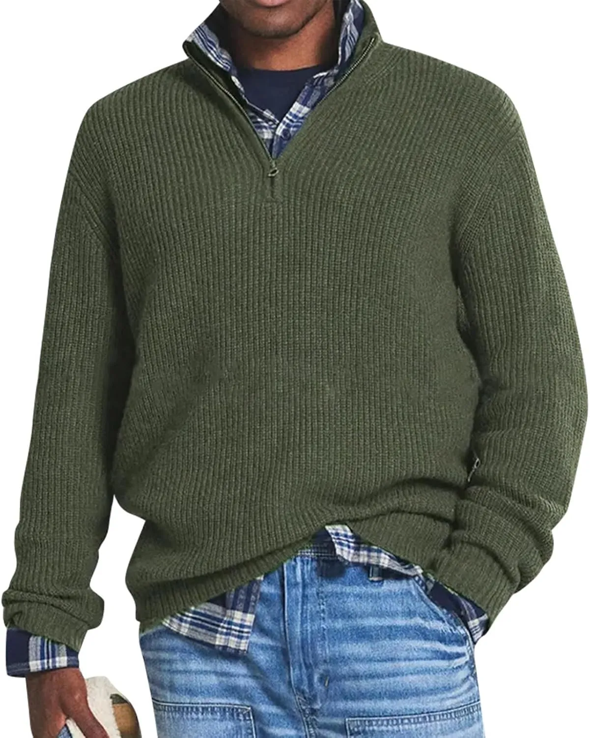 Men's Quarter Zip Sweater Waffle Knit Sweater Casual Fall Winter Polo Casual Knitted Loose Fit Oversize Sweater