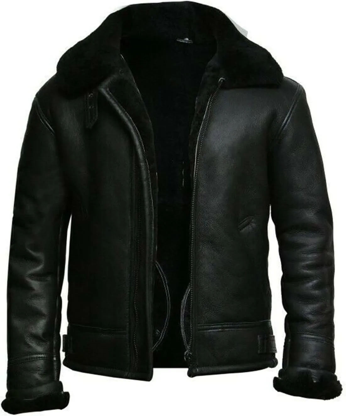 Men's RAF B3 Aviator Sheepskin Leather Jacket with Fur Collar & Adjustable Waist Belt – Mens Bomber Jacket