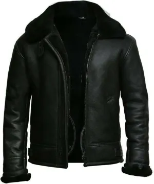Men's RAF B3 Aviator Sheepskin Leather Jacket with Fur Collar & Adjustable Waist Belt – Mens Bomber Jacket