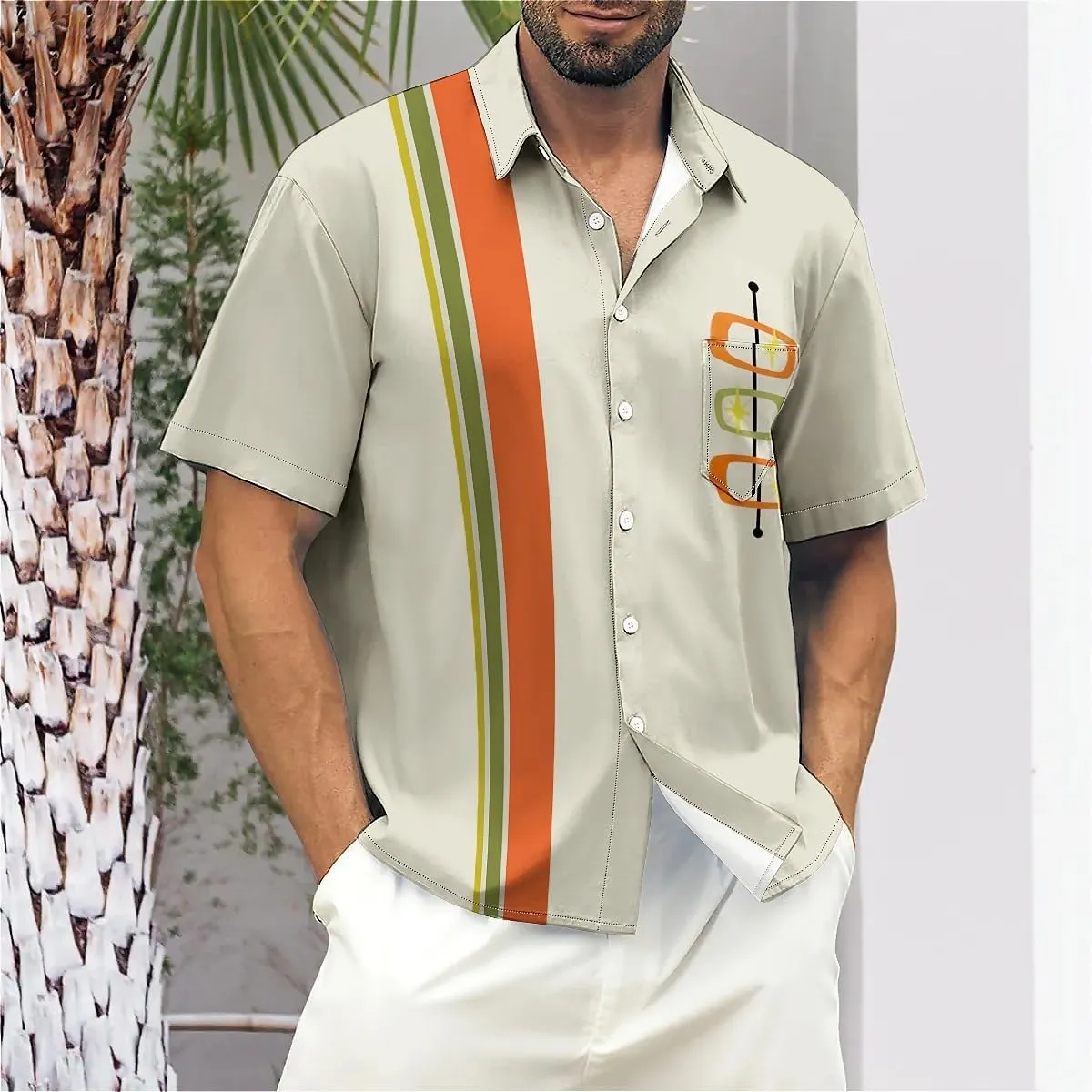 Men's Short Sleeve Button Down Bowling Shirts Hawaiian Casual Printed Summer Regular Fit Beach Aloha Shirt